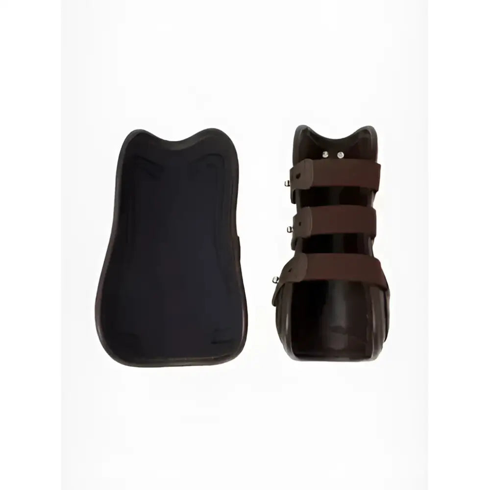 Lemieux capella boots brown with black leather strap tendon boots featuring adjustable straps and metal buckles