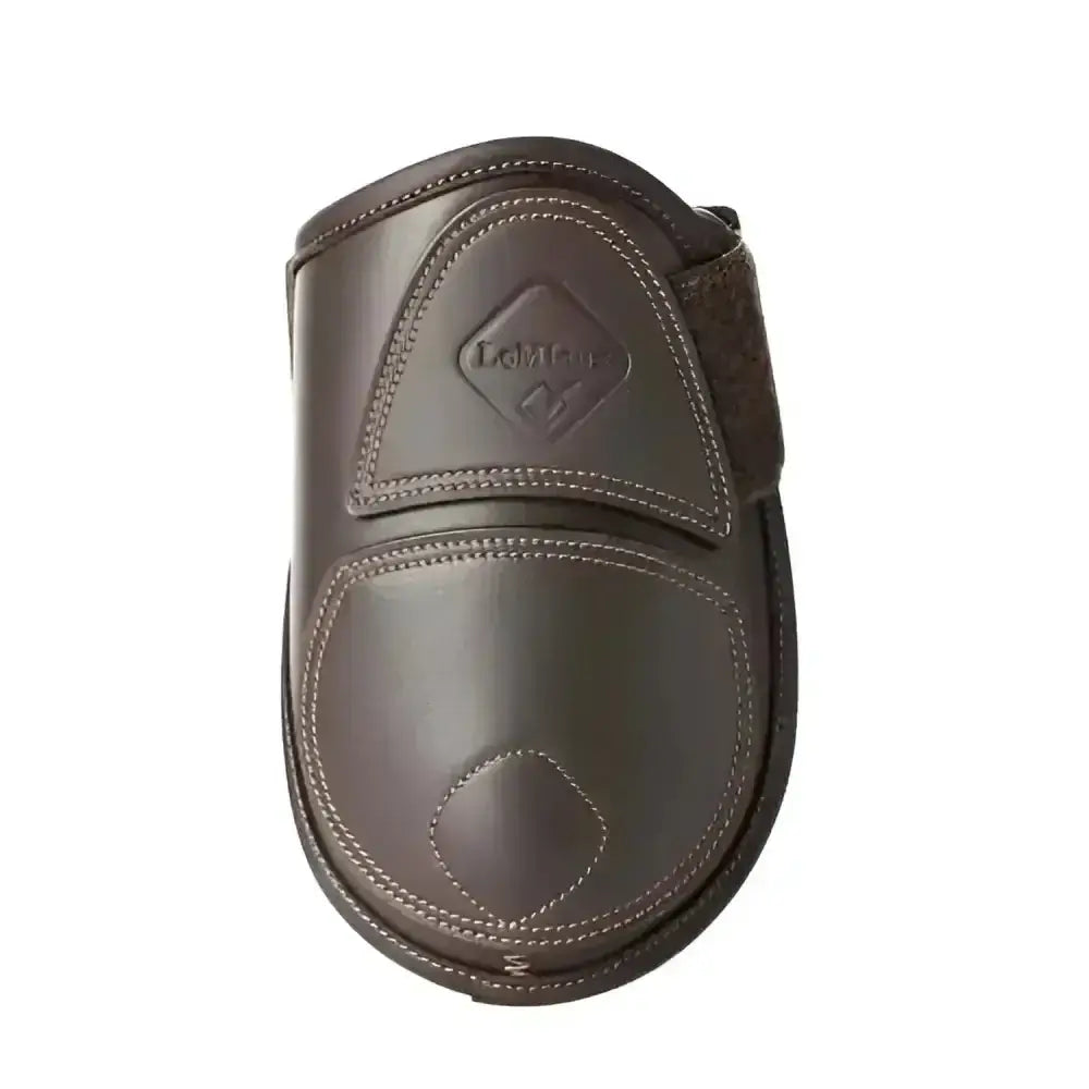 Dark brown leather lemieux capella fetlock boots with stitched detailing and branded logo for cutting edge protection