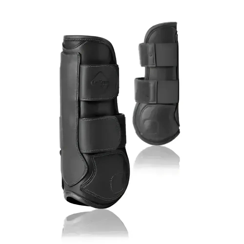 Black leather lemieux capella tendon boots with three adjustable straps and subtle logo for cutting edge protection