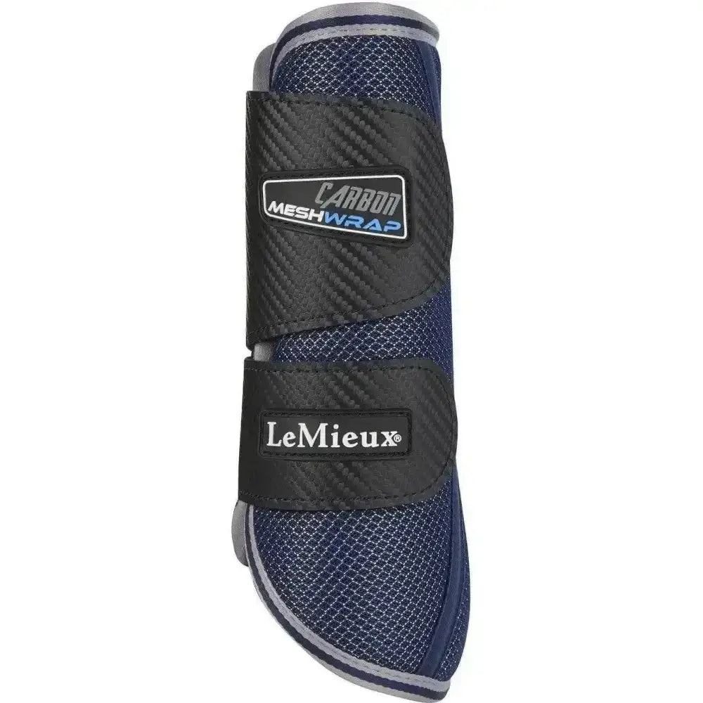 Navy blue and black lemieux carbon mesh wrap boots with gray trim designed for horse leg protection