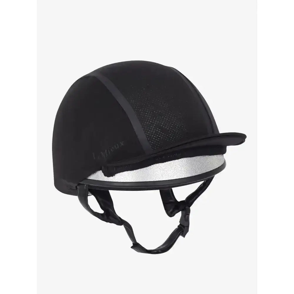 Black lemieux carmine hat silk helmet cover with reflective silver band and mesh ventilation panels