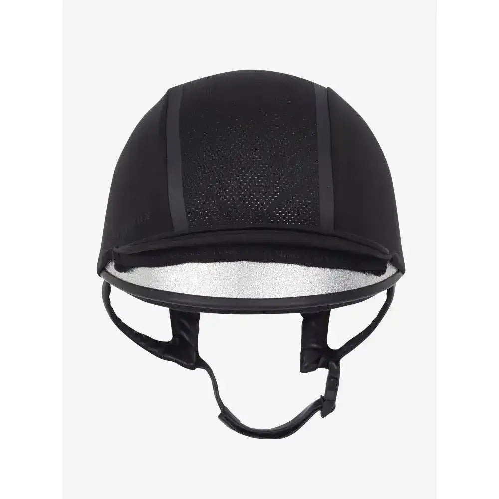 Black lemieux carmine hat silk liner with mesh ventilation panels and reflective silver interior lining