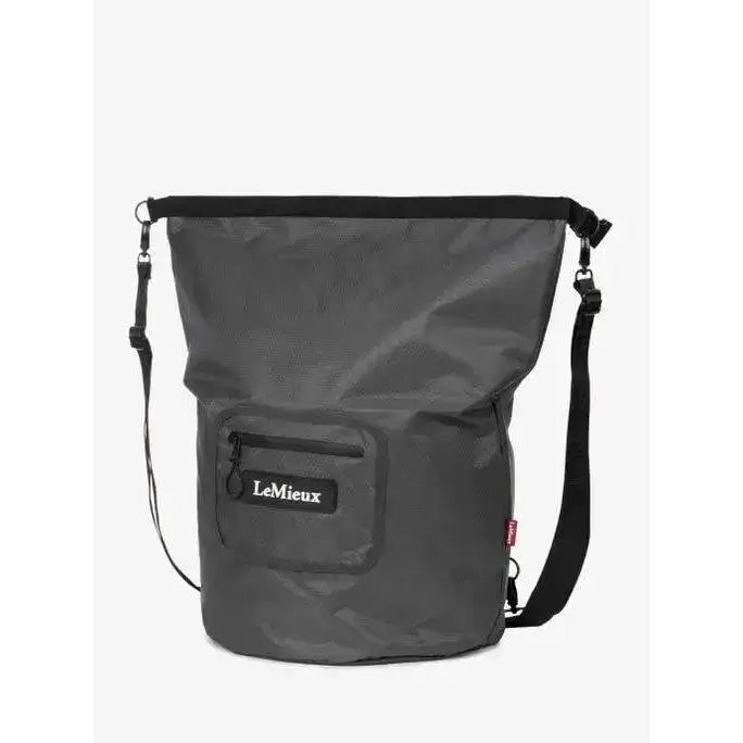 Dark gray waterproof lemieux carry all backpack with black strap and front pocket ideal as versatile laundry bag or for dirty boots