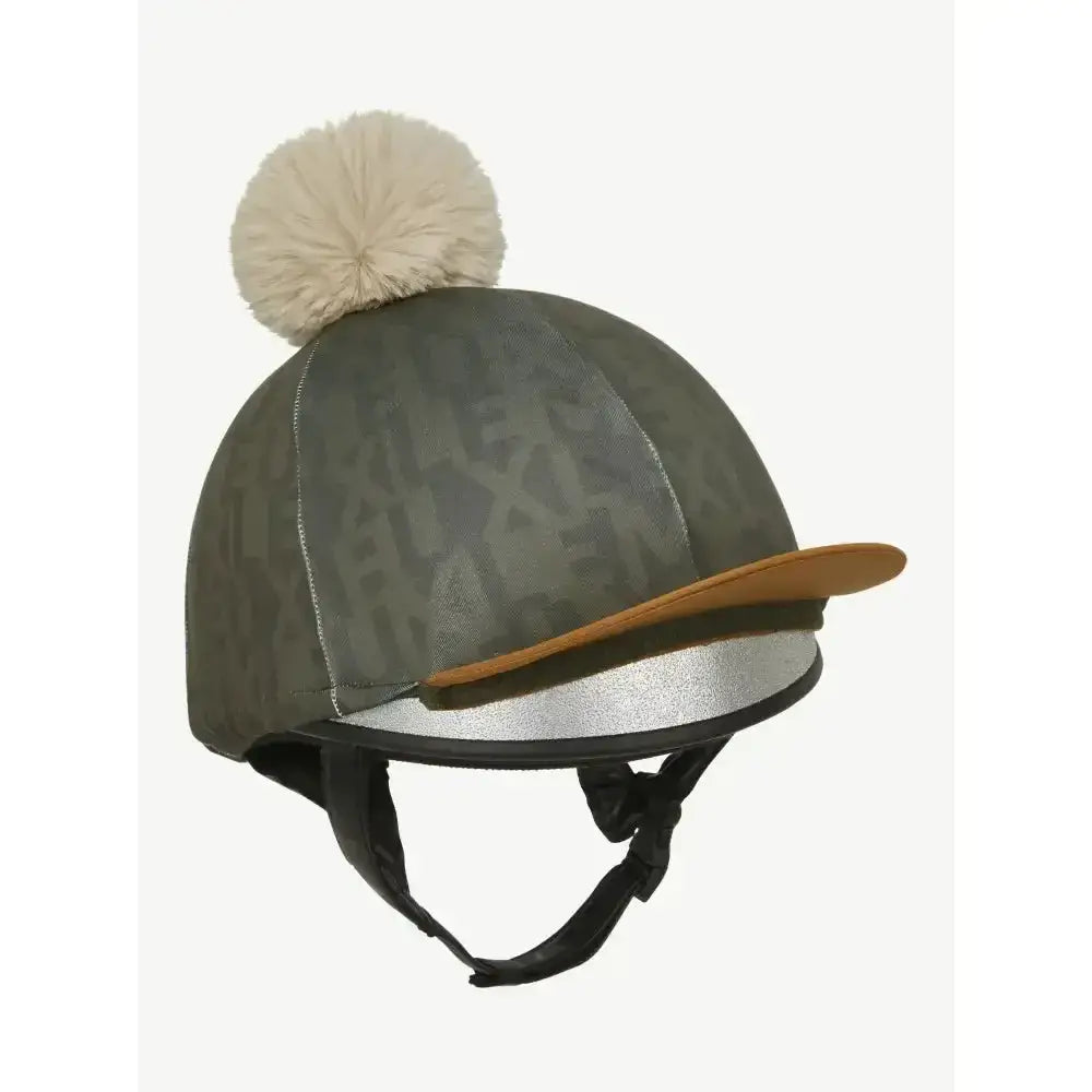 Olive green lemieux casey hat with cream faux fur pom pom and tan leather brim in hat silk alpine style