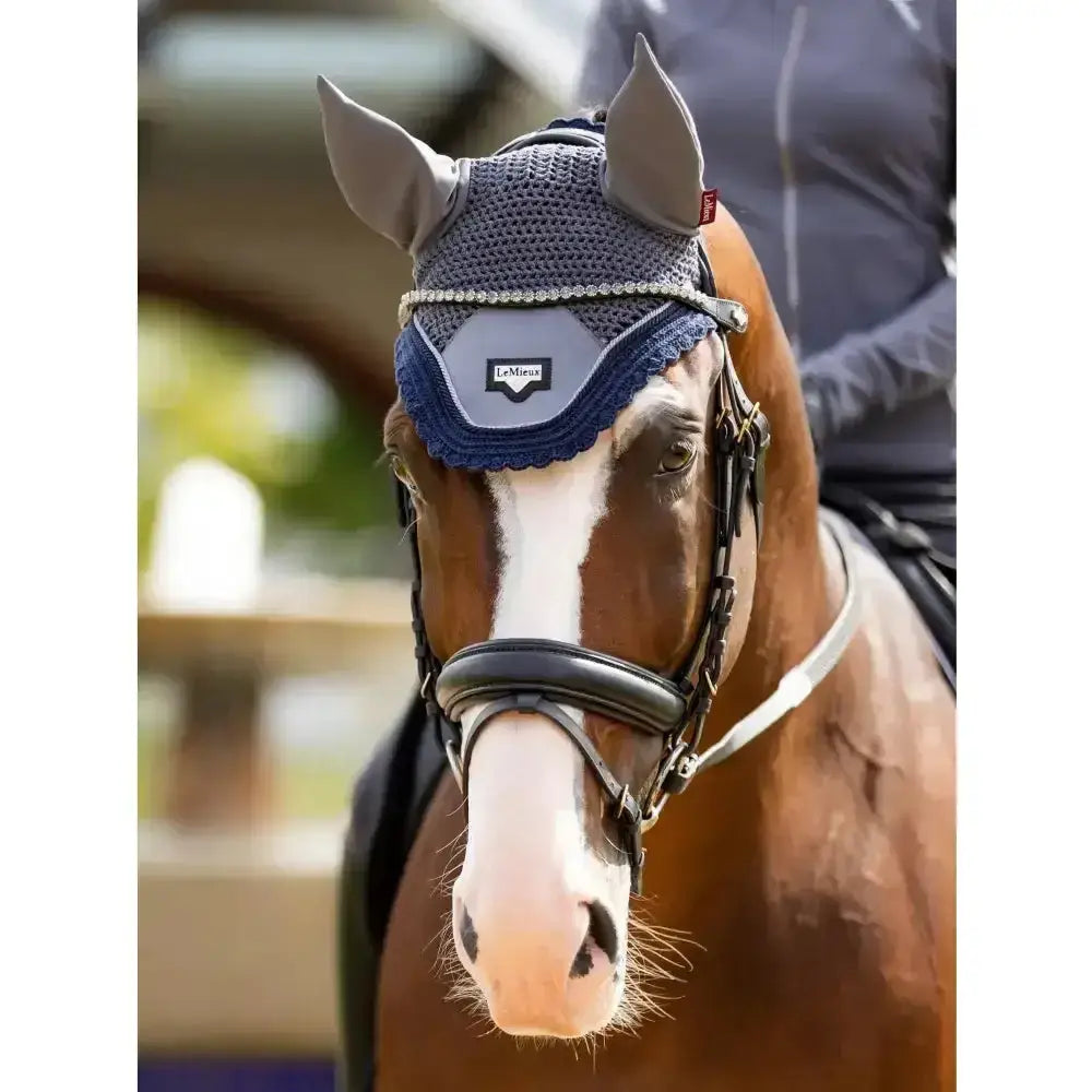 Navy blue and gray crocheted lemieux classic browband horse fly mask with silver beads and lemieux logo patch
