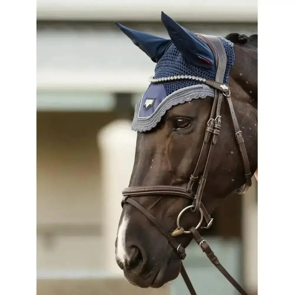 Navy blue mesh ear cover with silver beaded trim and lace detailing from lemieux classic browband collection