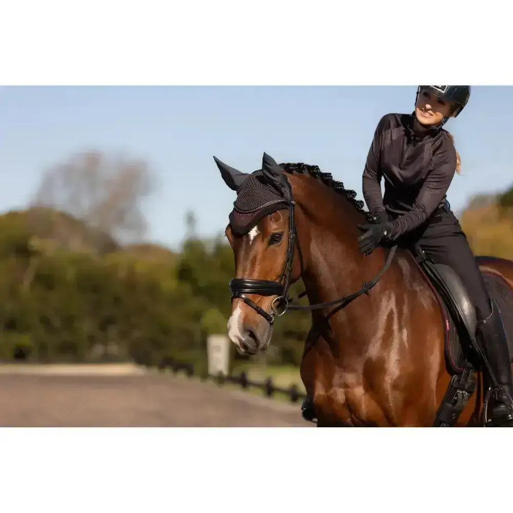 Black mesh lemieux classic fly hood cinder with elasticated edges and adjustable straps for horse fly protection