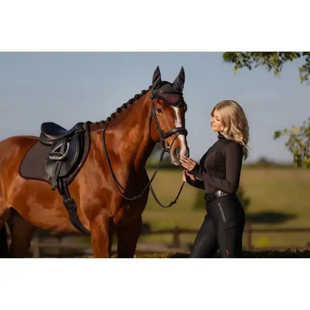 A sleek black horse with a glossy brown coat wears the lemieux classic fly hood cinder and full equestrian gear