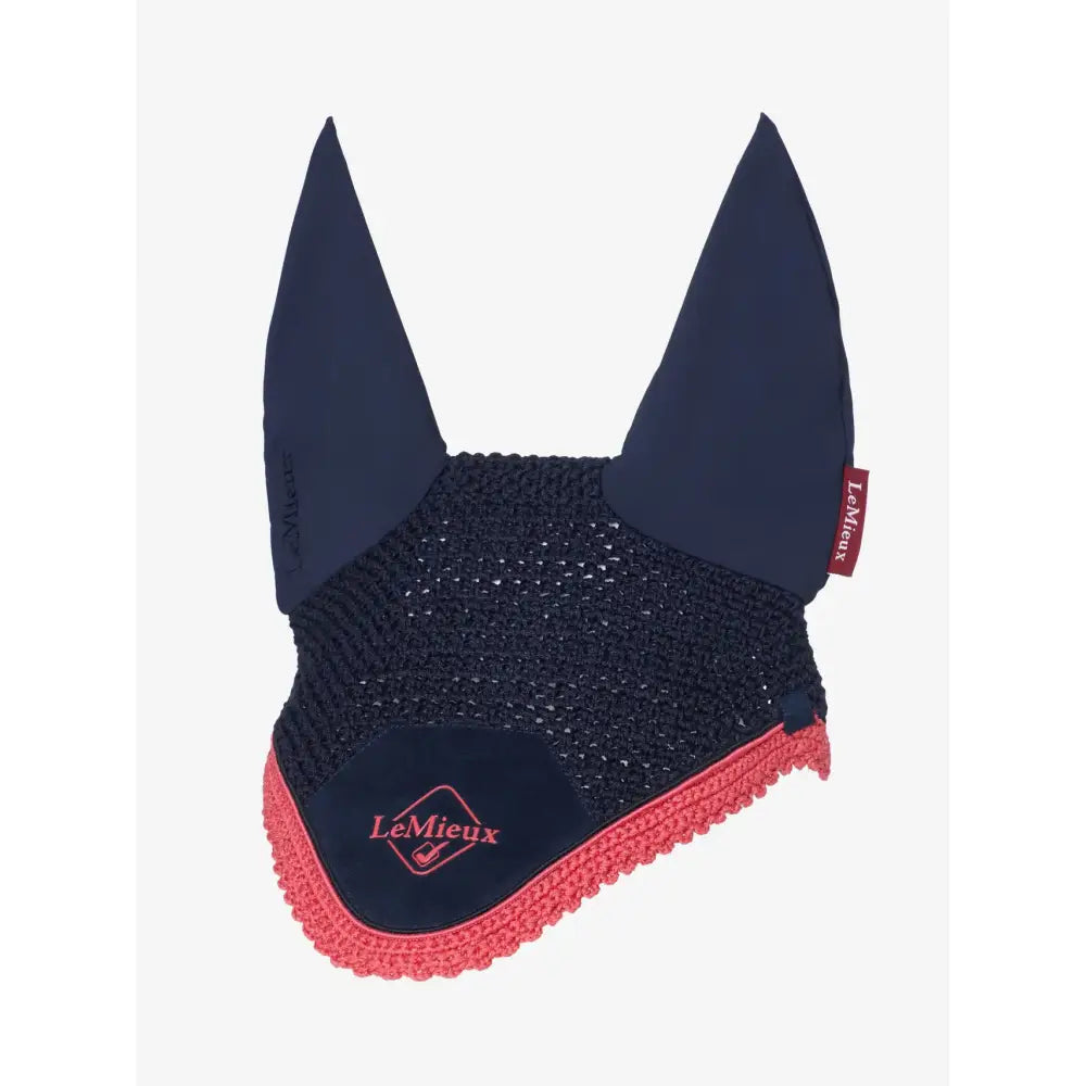 Navy blue and coral pink crocheted lemieux classic fly hood navy fly hood with face veil for horse ears