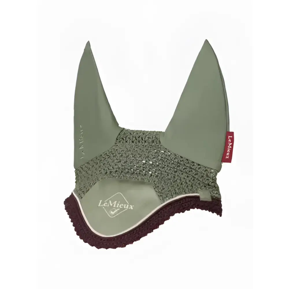 Olive green and dark brown crocheted lemieux classic fly hood rosemary with subtle shimmer and face veil for horses