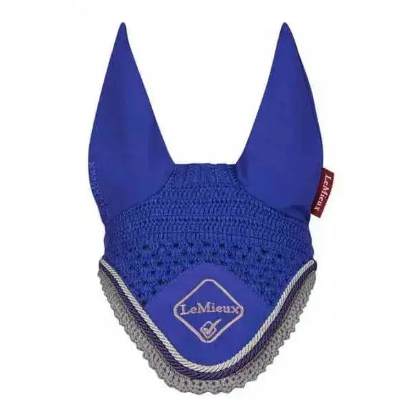 Royal blue knitted lemieux classic fly horse ear bonnet with gray trim and white diamond lemieux logo fly hoods benetton
