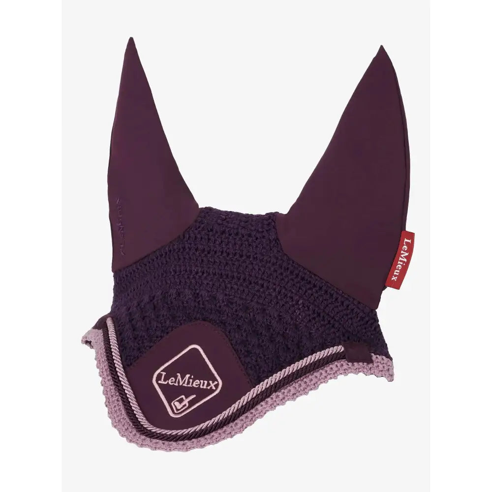 Dark purple lemieux classic fly horse ear bonnet with textured knit body reinforced ear flaps and lavender trim