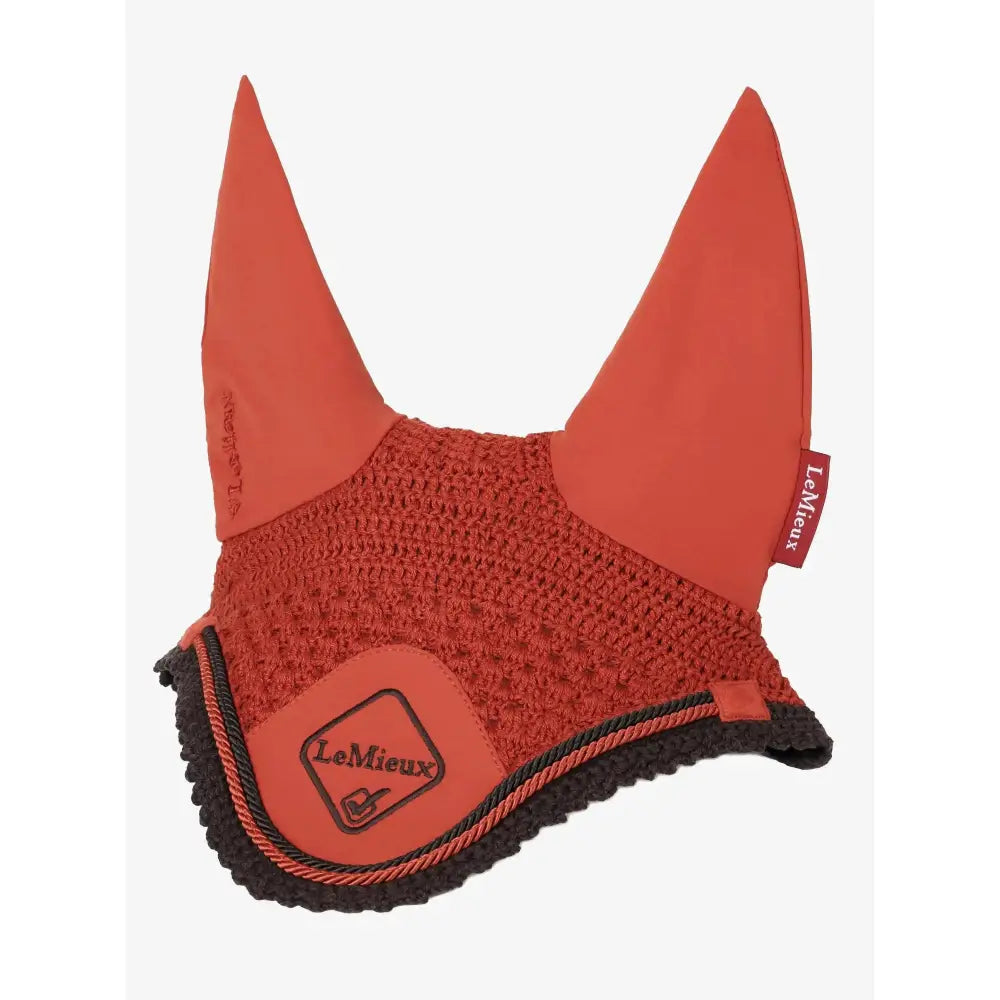 Orange lemieux classic fly equestrian ear flap with mesh fabric and black trim from fly hoods sienna collection