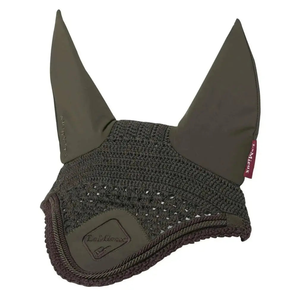 Lemieux classic lycra olive green woven mesh fly hood with padded ears and branded leather patch in hood oak green