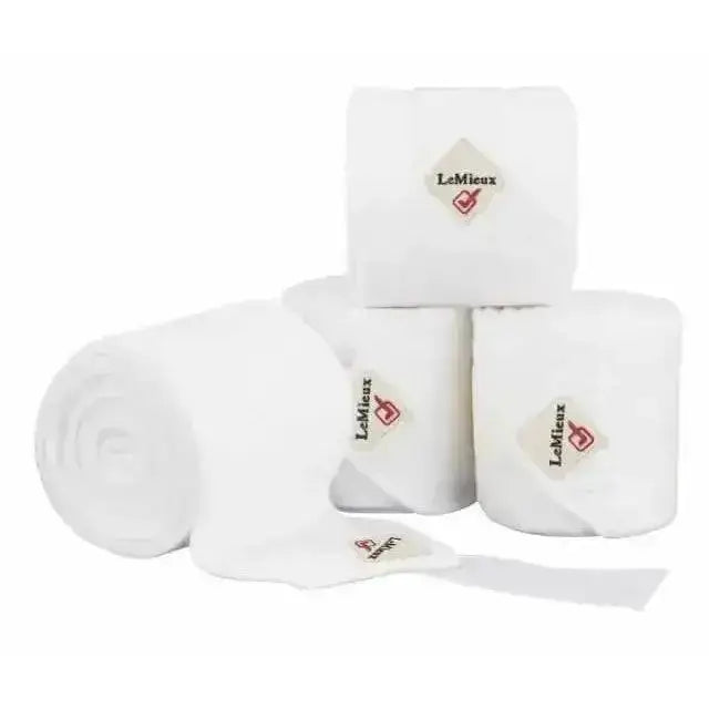 White lemieux classic polo bandages rolled neatly with red diamond logo made from soft fleece for comfortable support