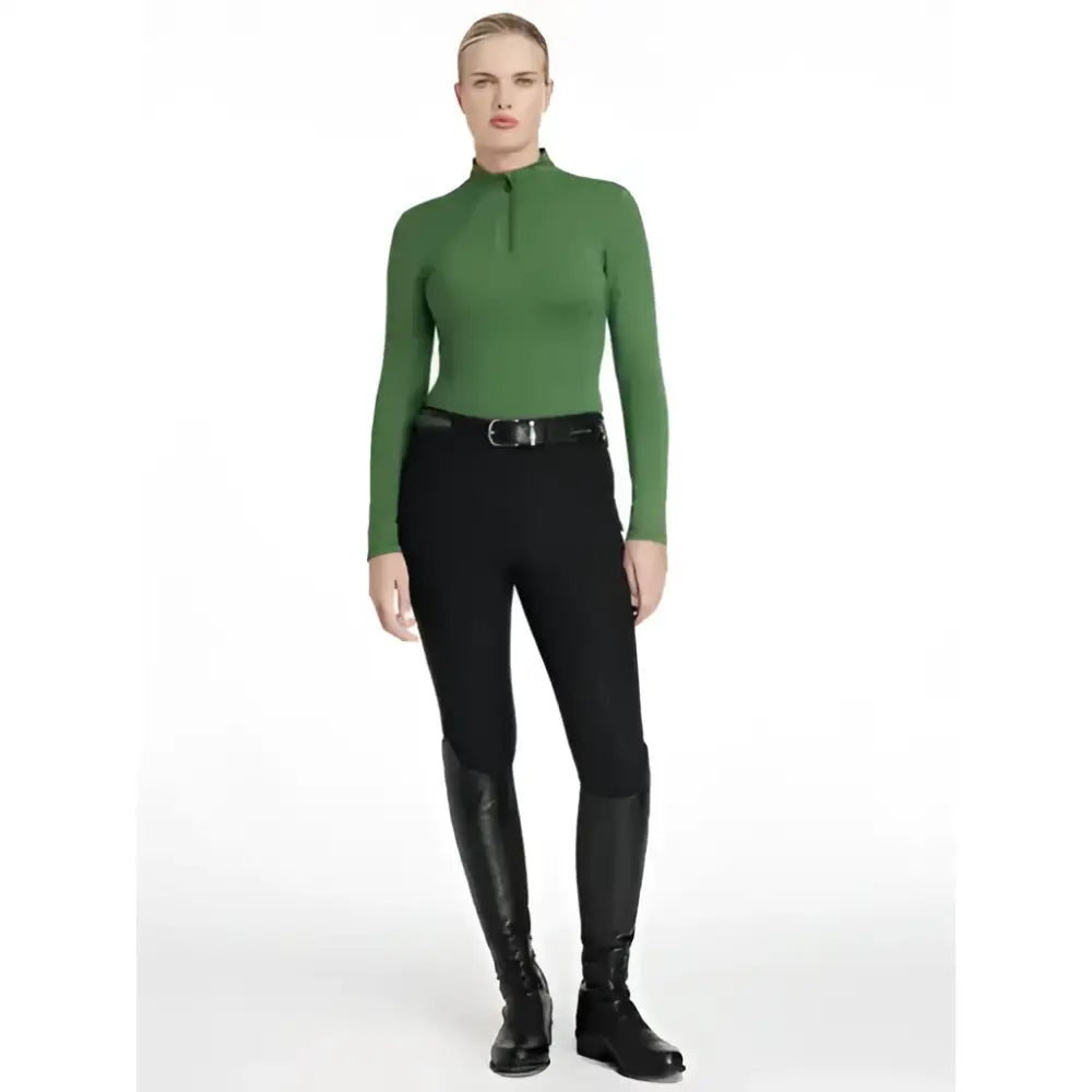 Green long-sleeved lemieux classique base layer hunter green top with high collar and zipper at the neckline