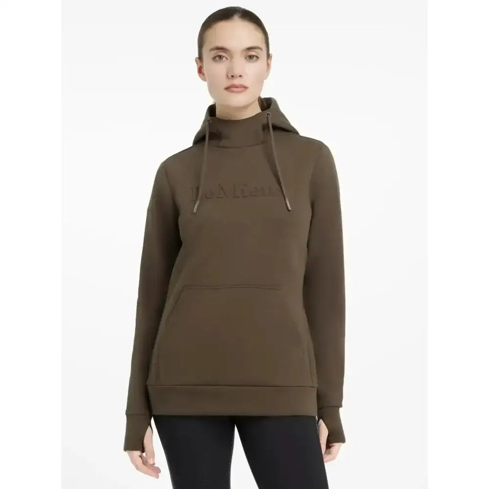 Olive green lemieux classique hoodie alpine with subtle embroidered logo and matching drawstrings for comfy style