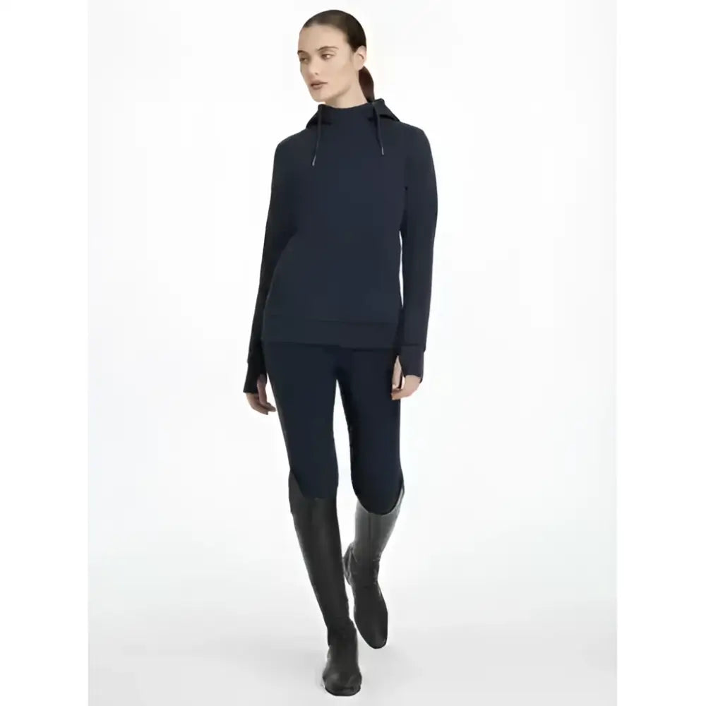 Black hooded long-sleeve top with ribbed cuffs and hem from lemieux classique hoodie navy collection
