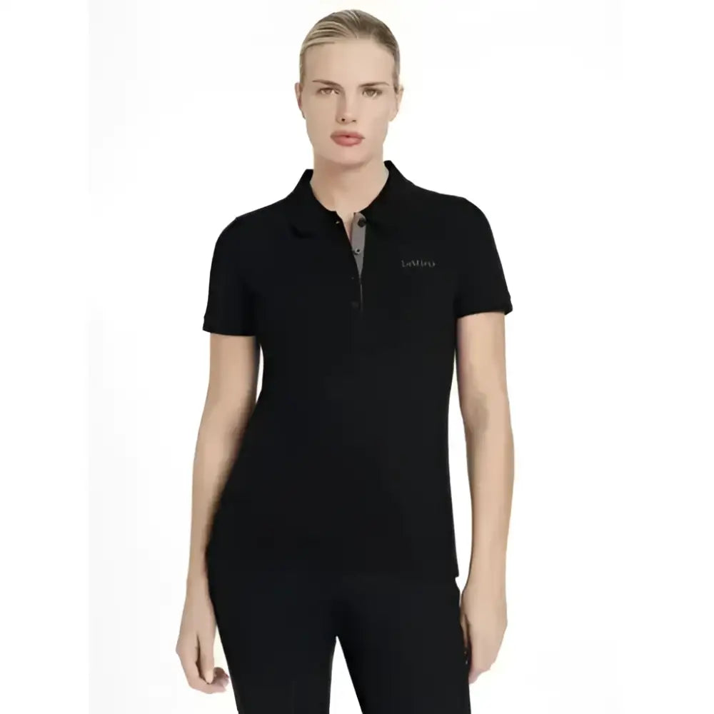 Black short-sleeved lemieux classique polo shirt with subtle embroidered logo on left chest perfect for casual wear