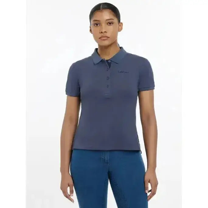 Navy blue lemieux classique polo shirt dusk blue with short sleeves, classic collar, buttoned front, and chest embroidery