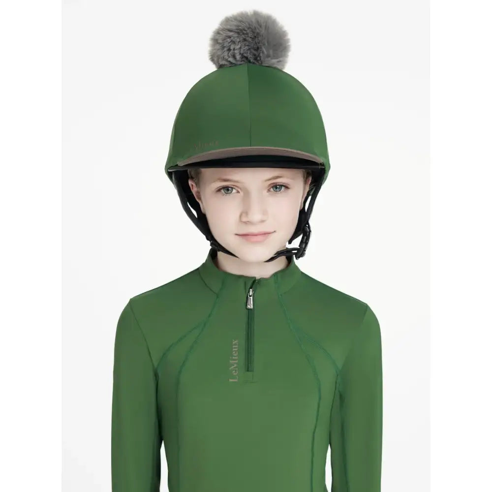 Green lemieux classique pom equestrian helmet with gray faux fur pom hat silk hunter green style