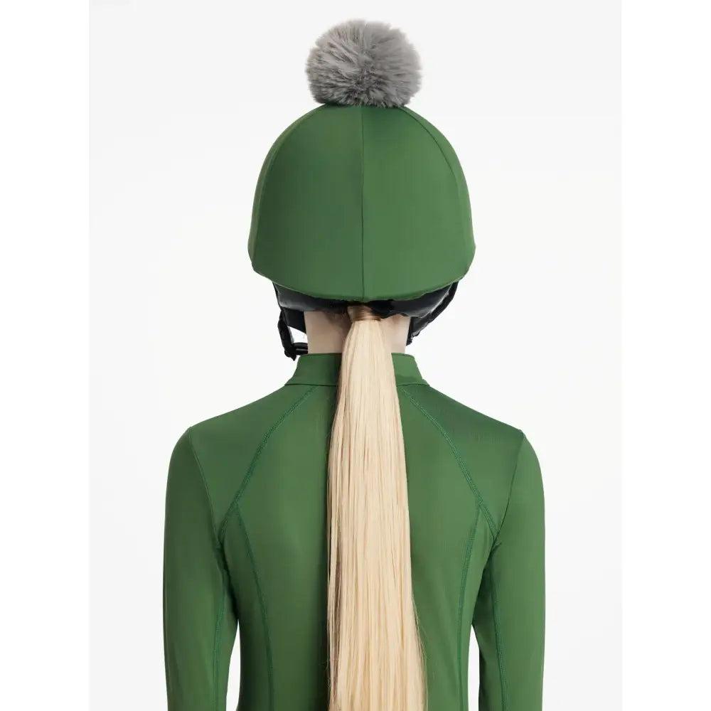 Green equestrian lemieux classique pom hat silk hunter green with gray faux fur pom pom on top