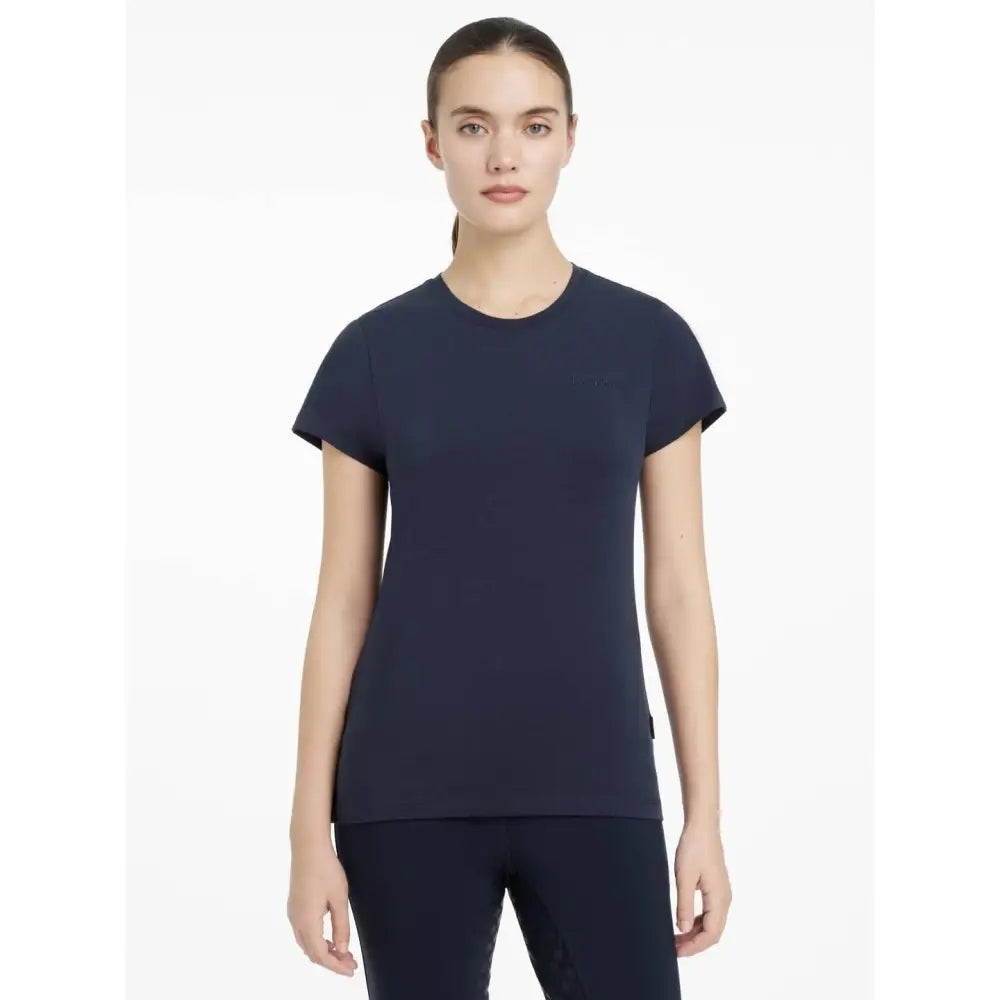Navy lemieux classique t-shirt with short sleeves round neckline and subtle side seam detailing for equestrian use
