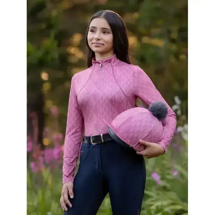 Pink lemieux clea hat silk peony with gray pom-pom, a stylish equestrian helmet cover