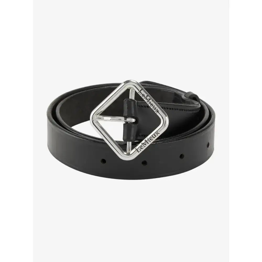 Black lemieux cleo leather belt with silver diamond shaped buckle engraved with brand name premium crafted style