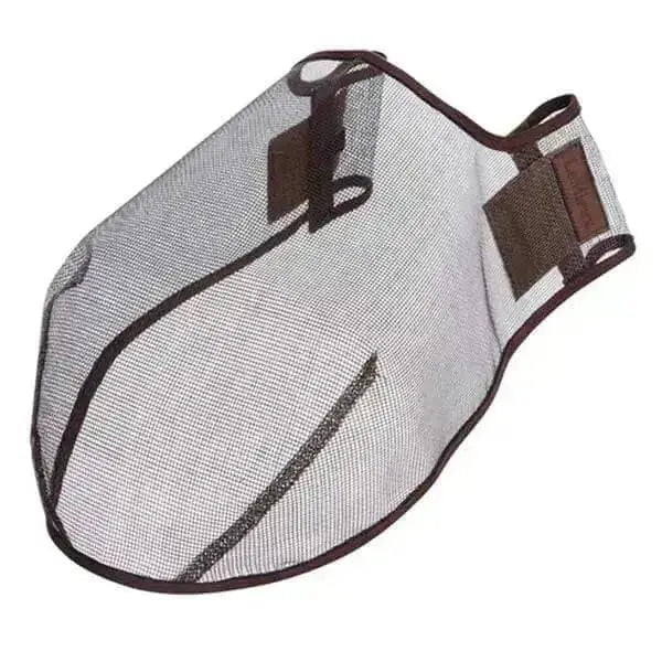 Gray mesh lemieux comfort shield horse fly mask with brown trim and secure velcro closure for improved comfort