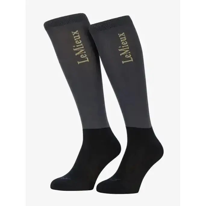 Black and charcoal gray lemieux competition socks pack dusk blue with subtle gold logo on the upper leg
