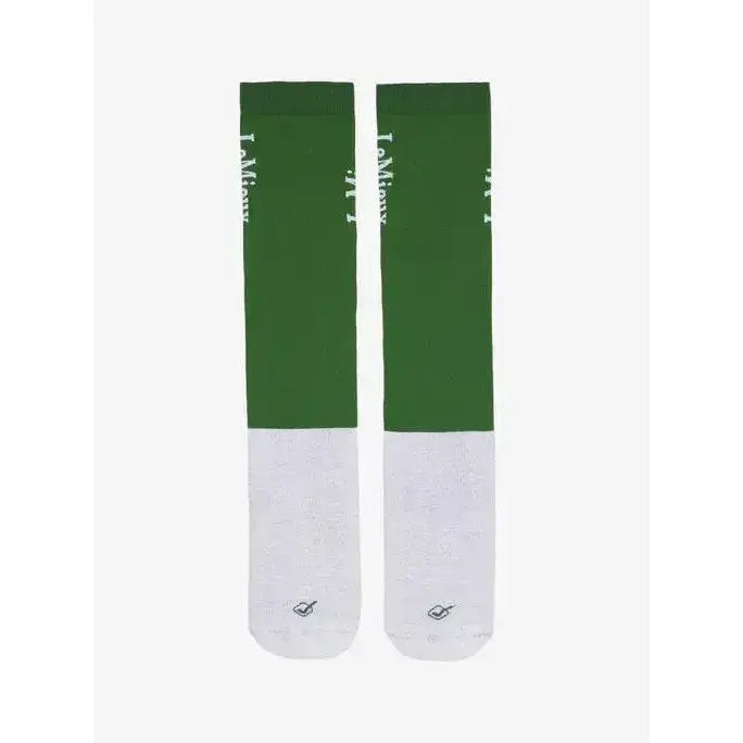 Green and white two-tone lemieux competition socks hunter green with i am print in lightweight ultra close fabric
