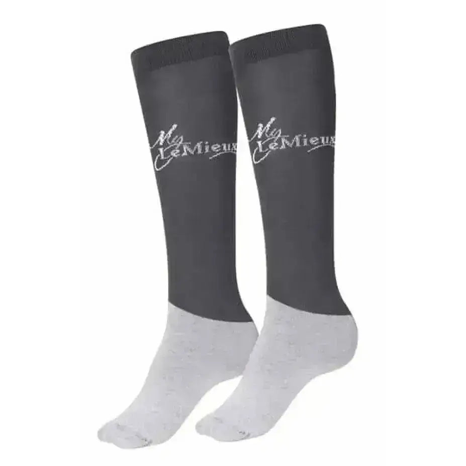 Dark gray and light gray two-tone lemieux competition socks twin pack with white cursive my lemieux logo knee-high