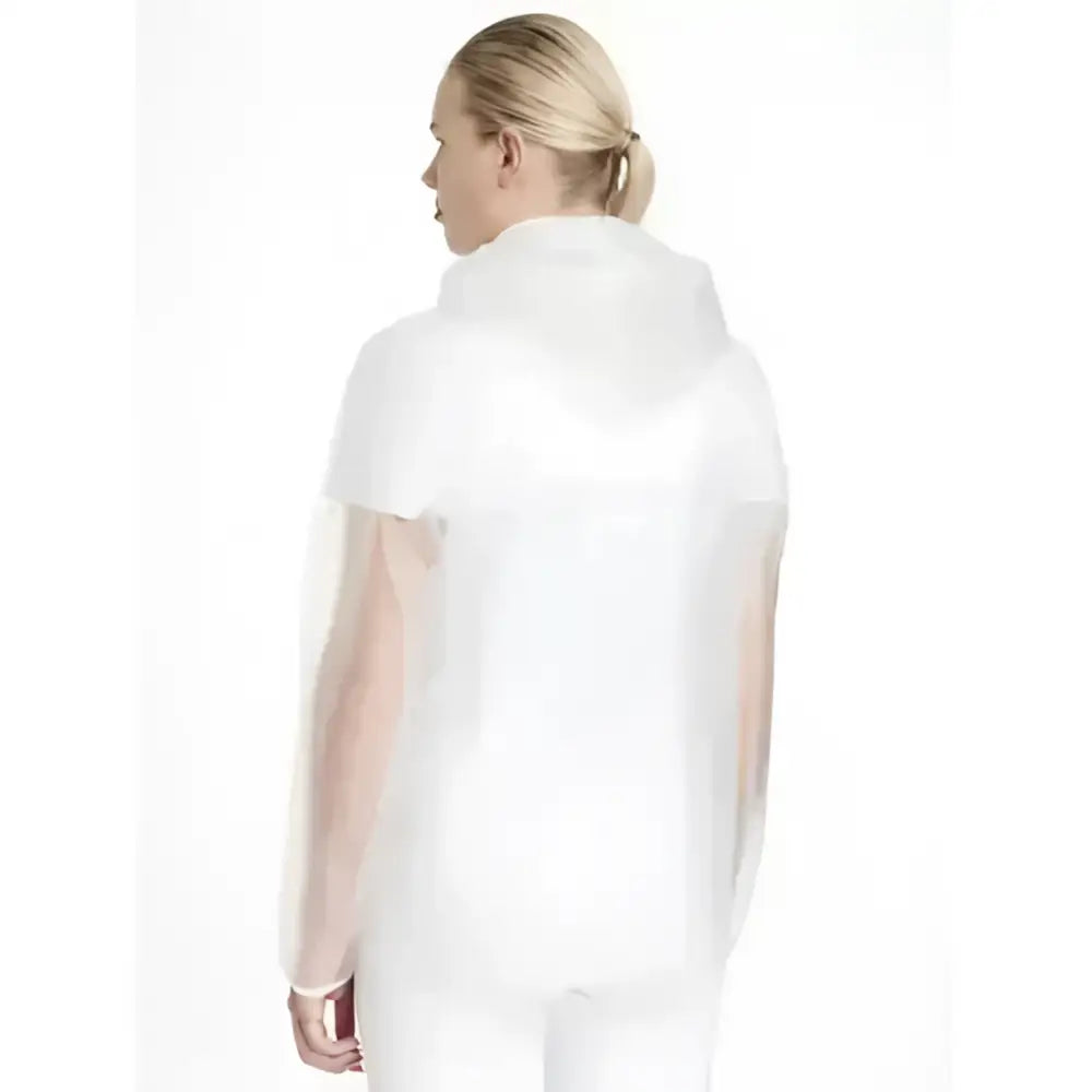 A lemieux competition waterproof clear jacket made of translucent white material with a hood and short sleeves