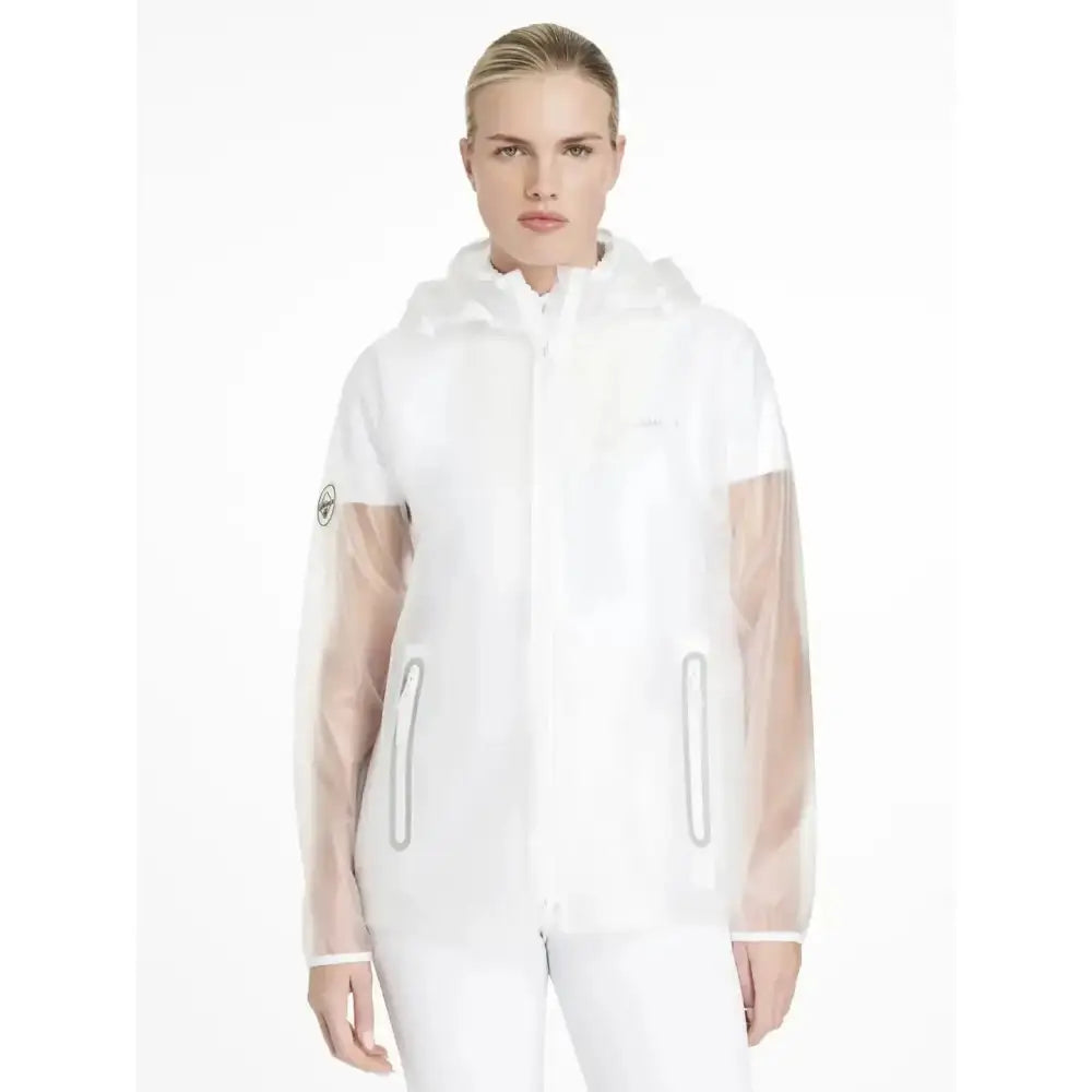 Lemieux competition waterproof jacket clear featuring white transparent material sheer sleeves and reflective zipper pulls