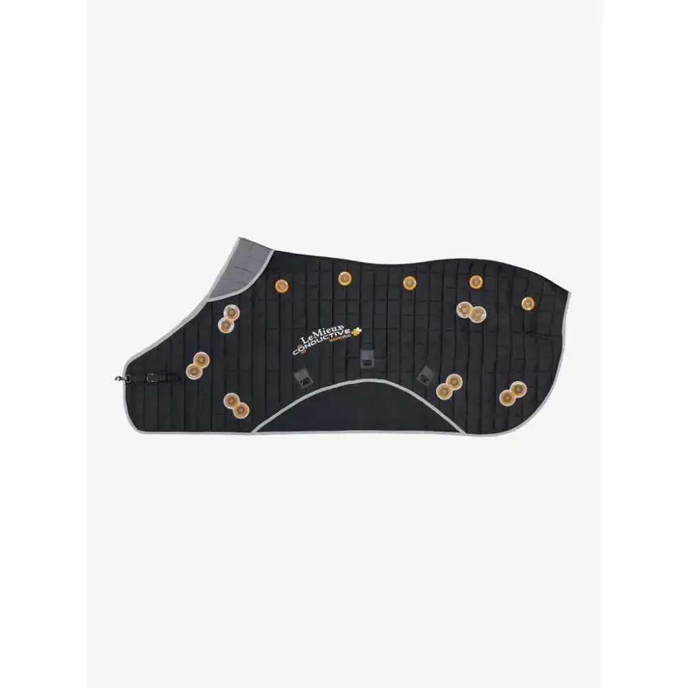 Black lemieux conductive magno rug with gold circular gauss twin magnets and gray trim for horse comfort