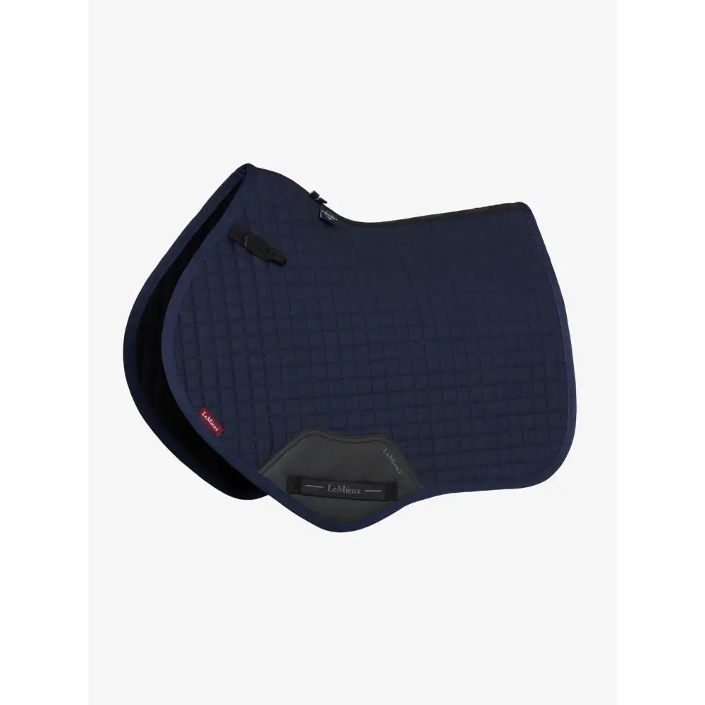 Navy blue quilted cotton close contact saddle pad with black trim and lemieux cotton square navy branded label