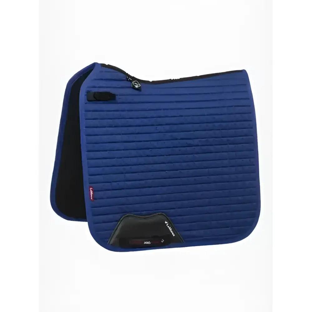 Blue quilted lemieux cotton dressage saddle pad with black trim red logo and super soft bamboo lining absorbs moisture