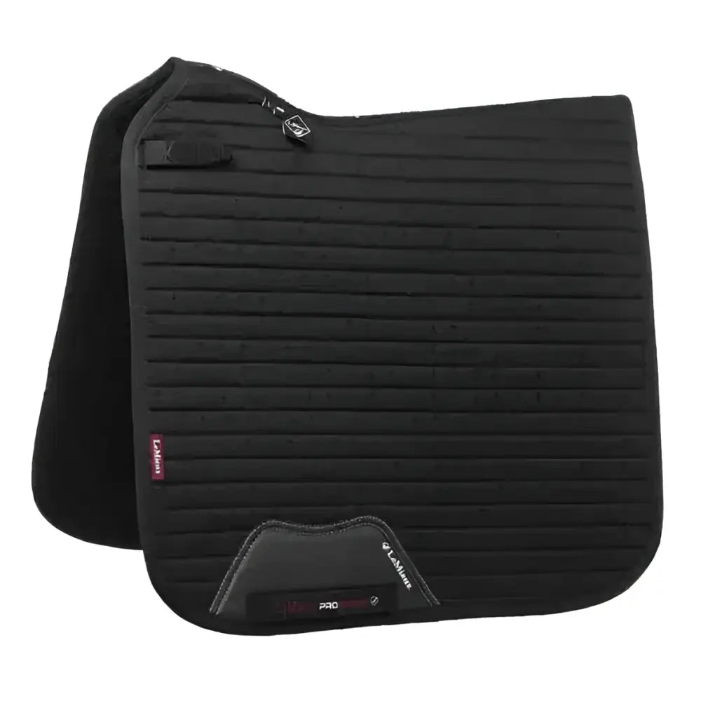 Black lemieux cotton dressage square with ribbed texture and padded contoured design for dressage use