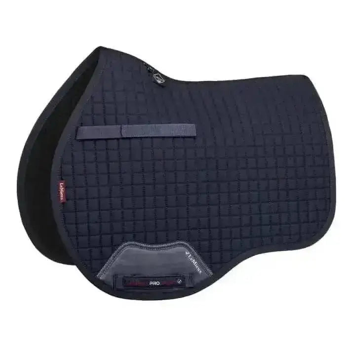 Black quilted lemieux cotton saddle pad with gray patch and elastic strap perfect for active horse use