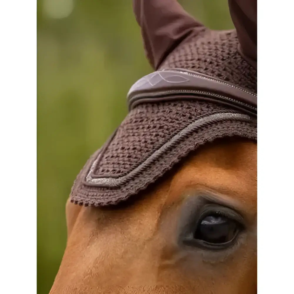 Brown knitted lemieux crystal fly hood with smooth leather strap and subtle embroidered logo fly hood brown
