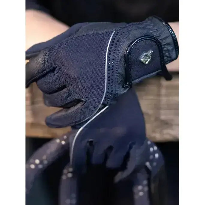 Black lemieux crystal gloves navy with textured palm, reinforced leather strap, and breathable mesh panel back side view