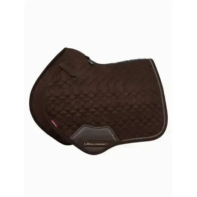 Brown lemieux crystal suede close saddle pad with quilted diamond pattern and padded edges for forward-cut jumping saddles