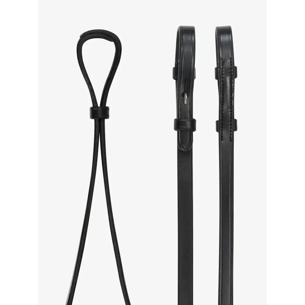 Black lemieux curb rein made of supple pre-oiled leather with looped handle and buckle closures for riding