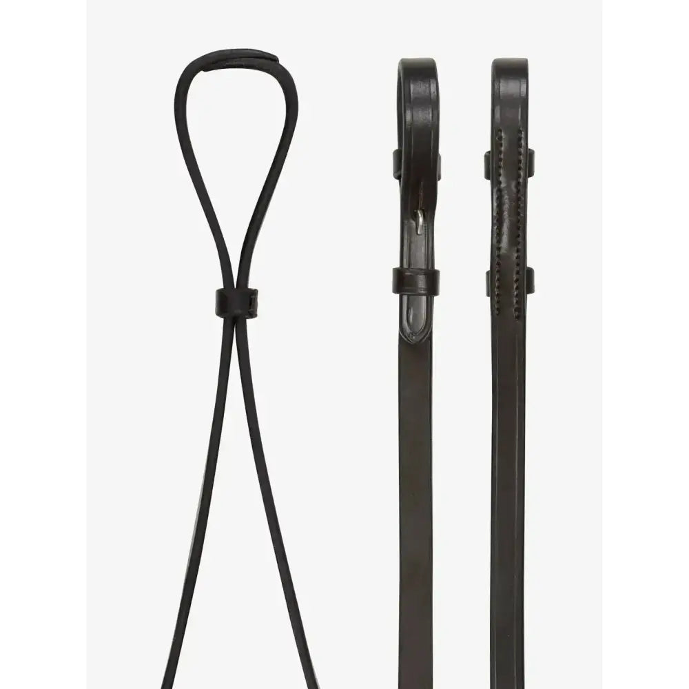 Lemieux curb rein in supple pre-oiled brown leather with silver stitching and looped handle for double bridle use