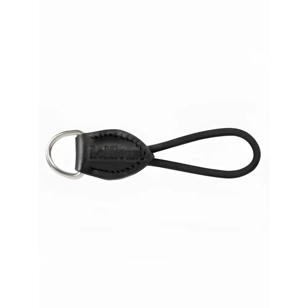 Black leather lemieux d-ring extender with silver ring and embossed lomography branding for adding extra room to saddle pad d-ring tabs