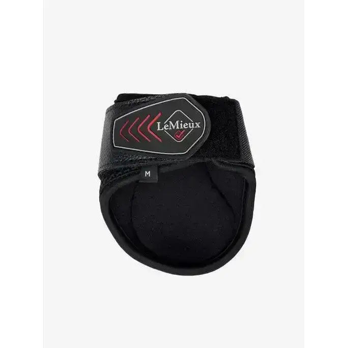 Black lemieux derby projump fetlock boot with padded interior and red logo accents for horse hoof protection