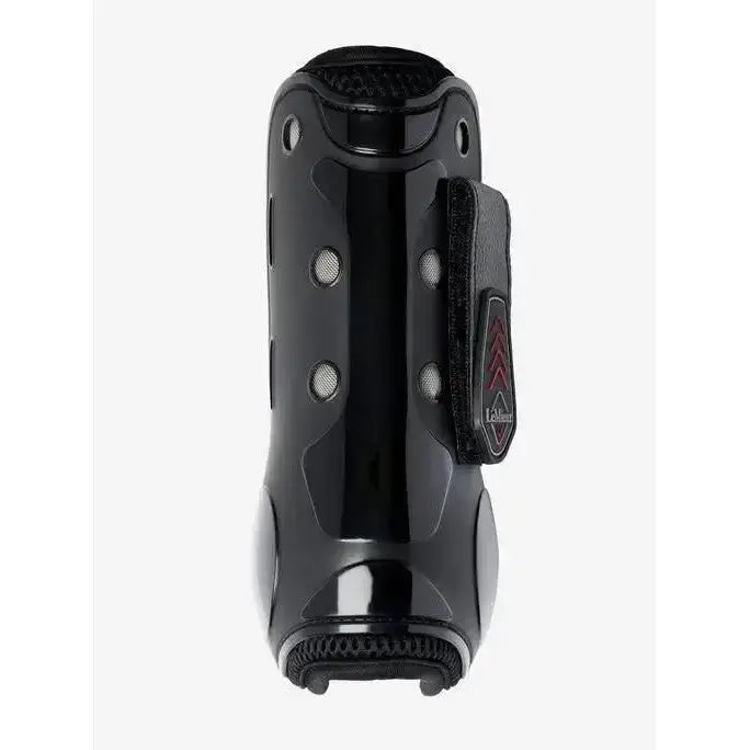 Black lemieux derby projump tendon boot with glossy finish ventilation holes and adjustable strap with lambs logo