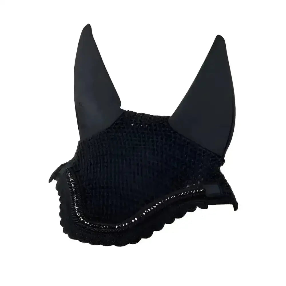 Black lemieux diamante acoustic fly hood with pointed plastic ears and scalloped edge trimmed in sparkling beads