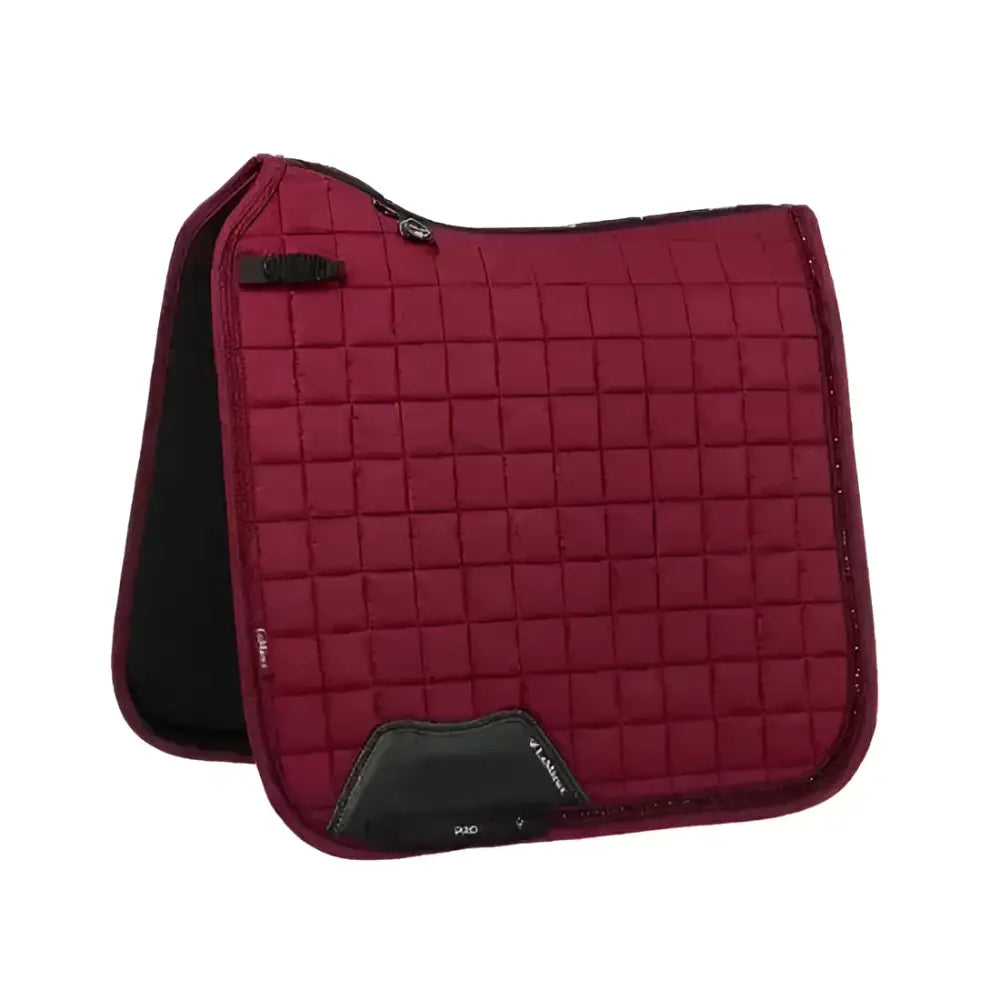 Burgundy lemieux diamante dressage pad with quilted design black trim and branded logo patch for riding comfort